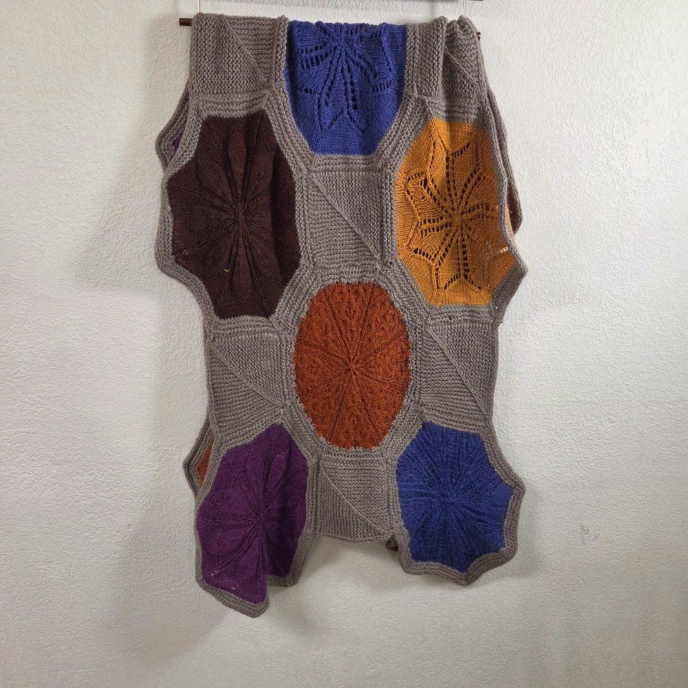 Handmade Knit Hexagon Star Scarf Wrap Multicolor Earth Tones 64x23 Boho Retro